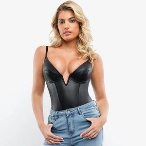 Popilush Black Faux Leather Shapewear Bodysuit Built-In Bra Size S 🖤